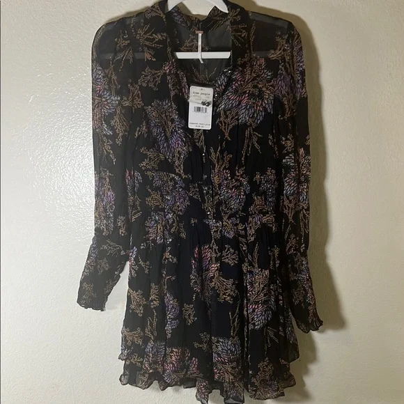 Free people Long sleeve black print Ruffled Tiered Dress size S - Picture 2 of 11